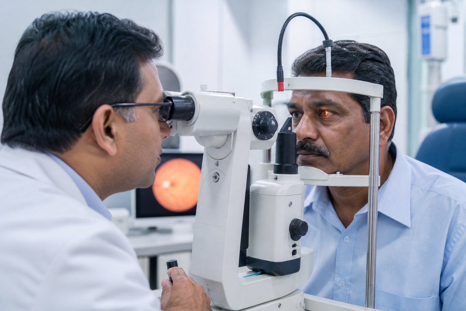 Ophthalmologist performing diabetic retinal screening for a patient