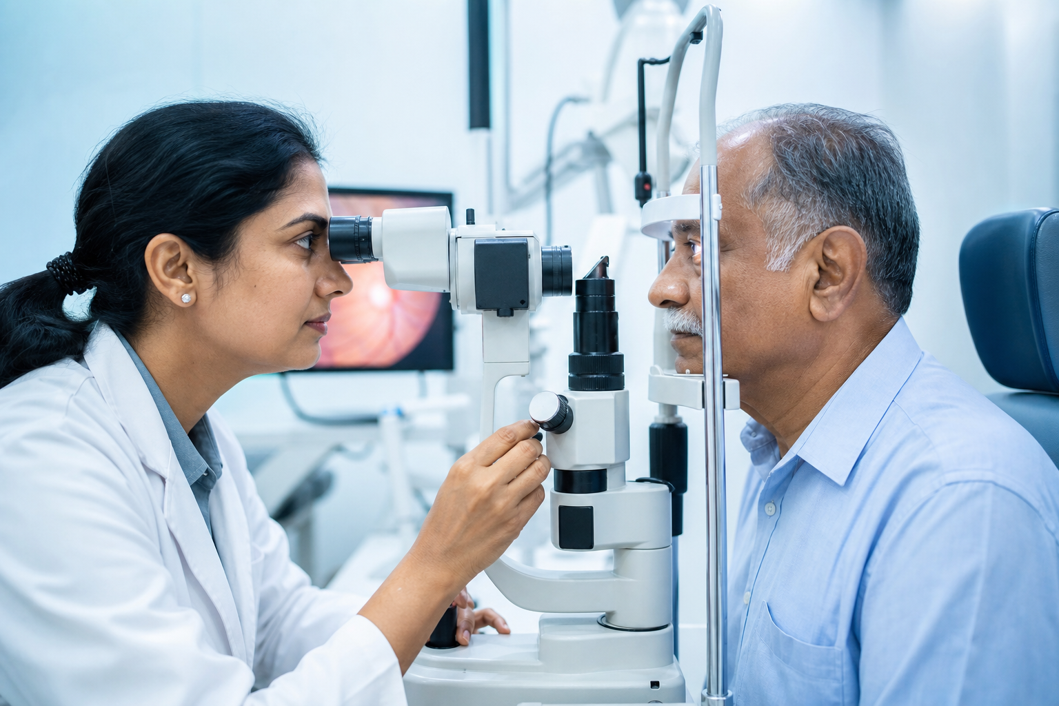Ophthalmologist checking eye pressure for glaucoma screening in a clinic