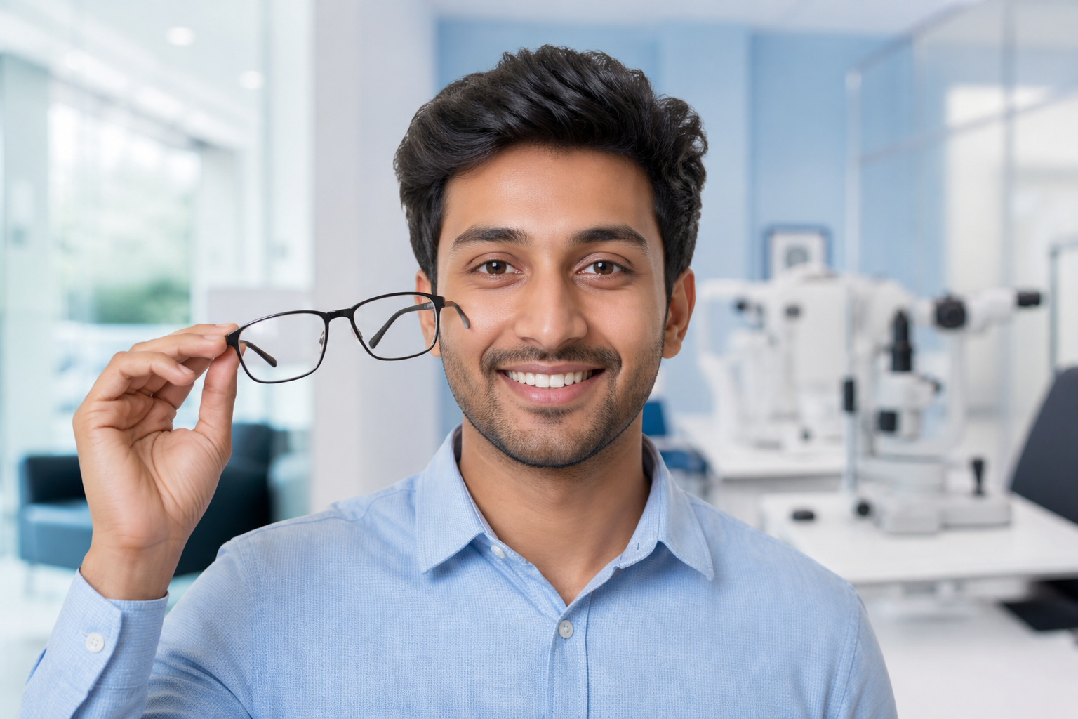 Young man smiling while holding eyeglasses aside after a refractive consultation